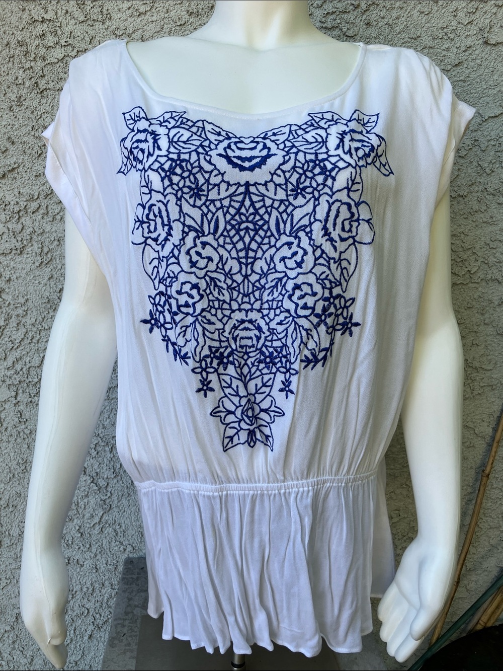 Elle White Blouse with Navy Blue Floral Embroidery